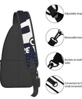 Side view of Cross Sling Backpack Chest Bag with straps, buckles, and mesh pocket for hiking travel, size 7x6.7x12.6 inches.