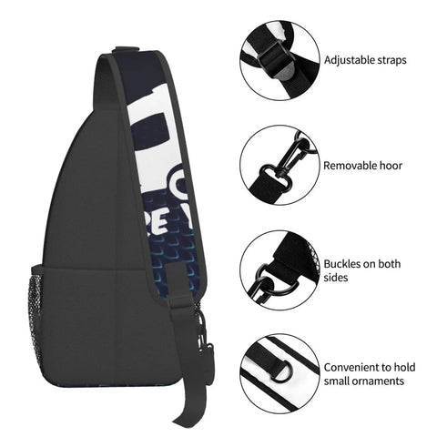 Side view of Cross Sling Backpack Chest Bag with straps, buckles, and mesh pocket for hiking travel, size 7x6.7x12.6 inches.