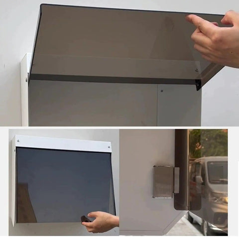 Universal EV Charger Cover With Wall Mount Hardshell Enclosure And Sloping Waterproof Canopy showing installation with hand holding top flap.
