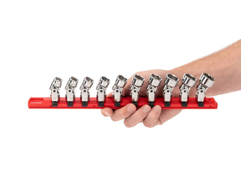 Hand holding 3/8-Inch Drive 6-Point Universal Joint Socket Set With Rail, 10-Piece, ideal for tight spots and auto repairs.