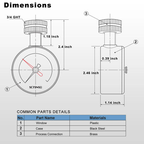 Front view of SCTSNSR water pressure test gauge, 2.5-inch dial, 0–200 psi, red max pointer, 3/4 in GHT, black steel case