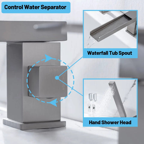 Roman Tub Faucet Deck Mount Waterfall Three Hole With Hand Shower Brushed Nickel Modern Tub Filler Spout Control