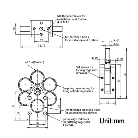 Technical diagram of Pro Grade Dope Quality 0.5 Inch Filter Wheel For 30mm Cage System Coaxial Support With threading dimensions