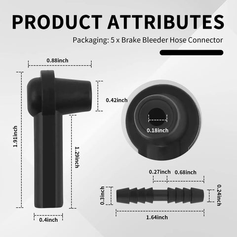 Dimensions of 5 Piece Brake Bleeder Kit Connectors Set for Quick Brake Fluid and Air Changes with Rubber Couplings