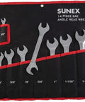 14 Piece Angle Head SAE Wrench Set With Full Polish Chrome Vanadium CRV in storage pouch, V-Groove Anti Slip Grip visible