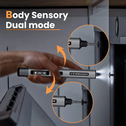 Using Cordless Precision Screwdriver Set With 34 Magnetic Bits, Smart Motion Control, Pro Grade, Rechargeable Tool Kit For Electronics Laptops Glasses Watch SES Pro Space Gray on a cabinet.