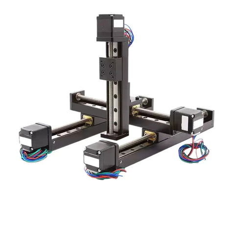 Integrated 3 Axis Gantry Linear Stage Module Featuring T Type Slide Rails And 28mm Stepper Motor with wires, showcasing precise construction.