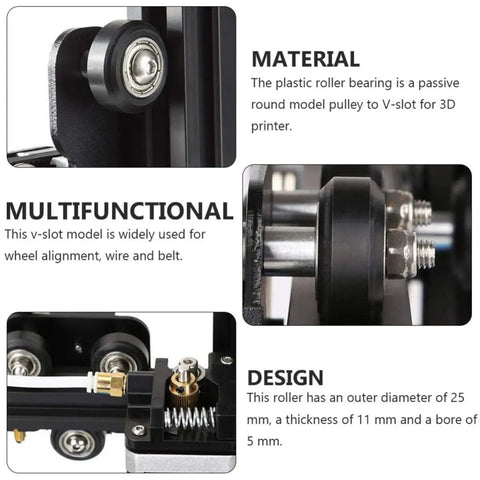 Close-up of 10 Piece Black Plastic V Groove Ball Bearing Wheels For 3D Printer showing detailed design and material features.