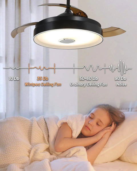 Dope Retractable Bluetooth Ceiling Fan With Light And Speaker, 42 Inch, above sleeping child, noise comparison chart