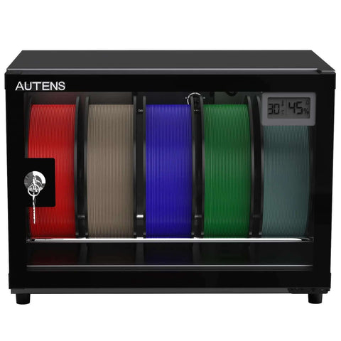 25L Filament Dehumidifier Storage Cabinet For 5 Rolls With Magnetic Seal, visible spools, transparent glass, digital display
