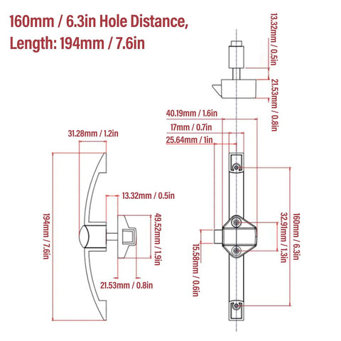 Technical drawing of 2 Pack Push Button Latch Pull Handle Pearl Nickel Multi-purpose RV Cupboard Lock Drawer Knob 160mm Hole Distance
