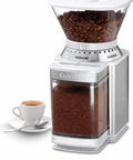 Electric Burr Coffee Grinder With One Touch Automation And Eighteen Position Grinding Dial For Hella Precise Fresh Beans with coffee cup.