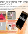 Smart home control with WiFi door sensor, motion sensor, flood sensor, and WiFi camera displayed on smartphone app interface.