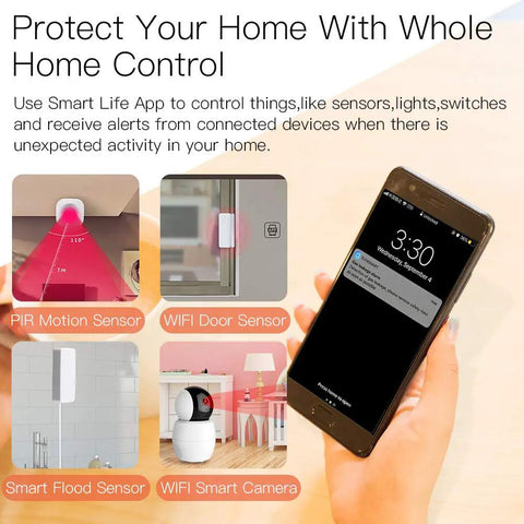 Smart home control with WiFi door sensor, motion sensor, flood sensor, and WiFi camera displayed on smartphone app interface.