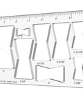 Front view of Eight In One Router Template Kit For Woodworking With Bowtie And Butterfly Inlay Jigs, showing acrylic jig with ruler.