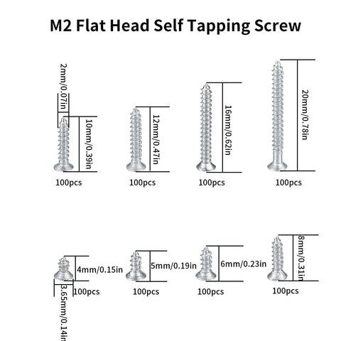 Diagram of M2 Flat Head Self Tapping Screws Set For Woodworking, Nickel Plated Carbon Steel, 800 Pieces, showing various lengths and quantities.