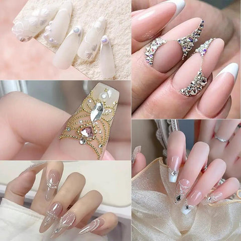 Various nail art designs with DIY Mani Pros Will Love Mixed Sizes Nail Beads Kit With Magnetic Pen And Tweezers For Nail Art.