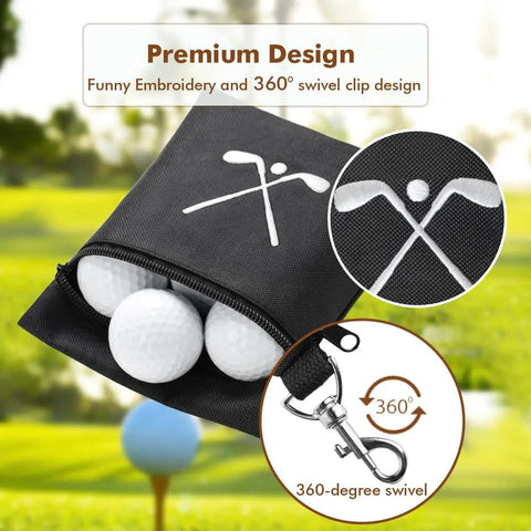 Waterproof Golf Tee Bag With Rotating Clip And Ball Holder Pouch with embroidery and 360-degree swivel clip, black.