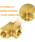 Brass Street Tee Three Way NPT Pipe Fitting Adapter With One Quarter Inch Female Ends And One Quarter Inch Male End, polished surface detail