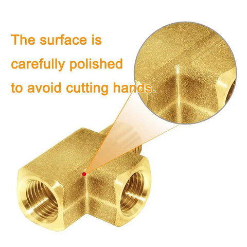 Brass Street Tee Three Way NPT Pipe Fitting Adapter With One Quarter Inch Female Ends And One Quarter Inch Male End, polished surface detail