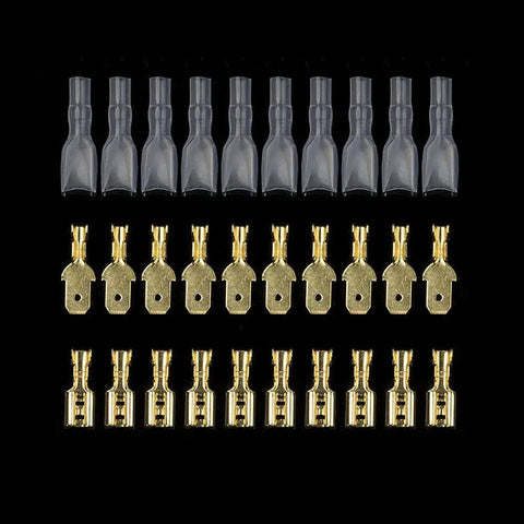 Assorted gold and clear connectors from Insulated Crimp Terminal Kit With Pliers, 540 Pieces 2.8mm 4.8mm 6.3mm Wire Connectors