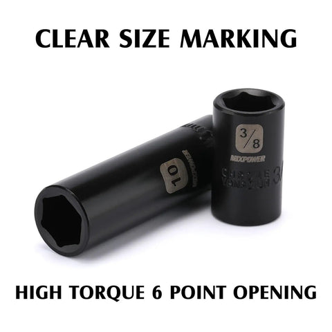 Pro Grade One Quarter Inch Drive Impact Socket Set with 6-point design, clearly marked, heavy-duty CRMO steel for torque tasks.