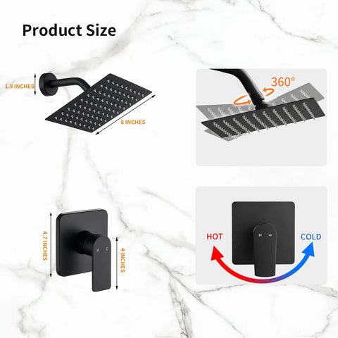 Slick Black Shower Faucet Trim Kit With Heavy Duty Rough In Valve Set Featuring 8 Inch Square Stainless Steel Rainfall Head For Top Tier Bathroom Renovations And Badass High Pressure Water Flow Daily