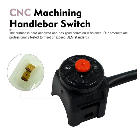 Close-up of Badass 2 Piece Motorcycle Handlebar Switch Kit 7/8 Inch, matte black with red horn button, designed for ATVs and bikes.