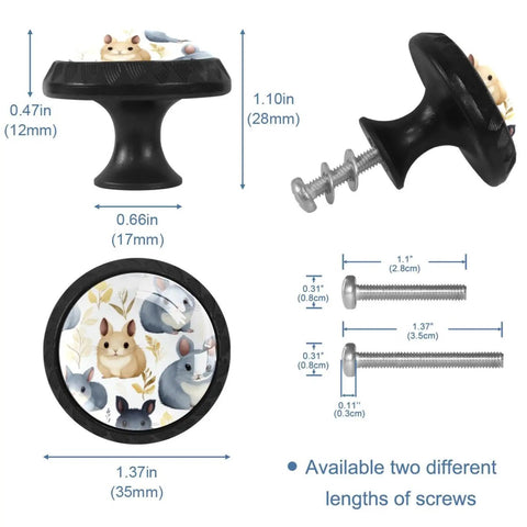 4 Pack Round Cabinet Knobs And Drawer Pulls For Home features multicolored animal design with dimensions and screws for easy install.