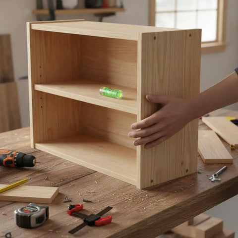 Bubble Level Vial, Acrylic Measuring placed on unfinished wooden shelf for accurate leveling during assembly.