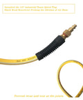 Close-up of Heavy Duty Air Hose 1/4 X 10 Ft, Kink Resistant Hybrid Air Compressor Hose With Solid Brass Fittings and Bend Restrictors.