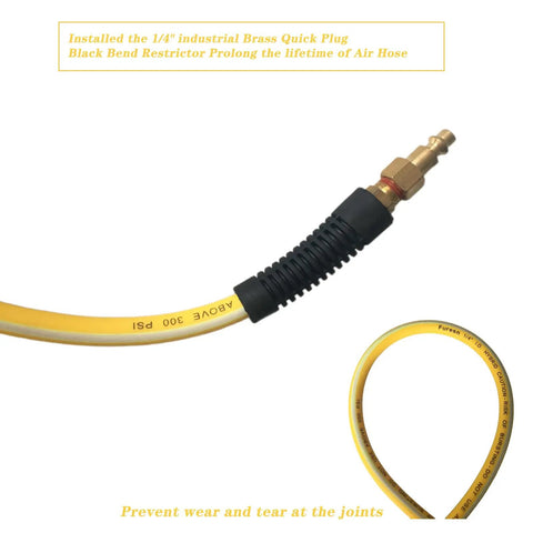 Close-up of Heavy Duty Air Hose 1/4 X 10 Ft, Kink Resistant Hybrid Air Compressor Hose With Solid Brass Fittings and Bend Restrictors.