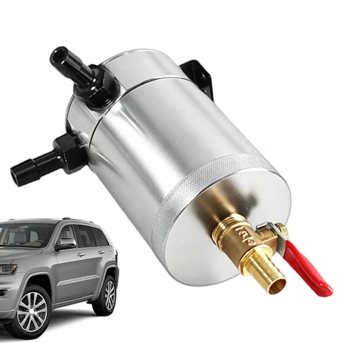 Heavy Duty Dual Port Oil Catch Can For Engine Performance, 300ml aluminum design with dual fittings beside SUV.