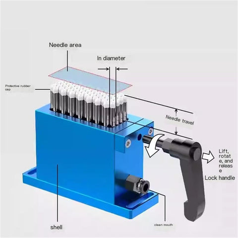 Heavy Duty Flexible Clamping And Precision Positioning System For Garage Air Tools, blue clamp with needle area and lock handle for precise use.