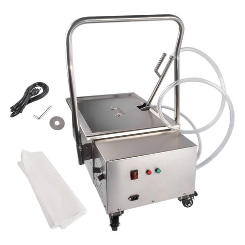 Heavy Duty Commercial Fryer Filter Machine For Restaurant 55L Oil Strainer with stainless steel frame and detachable hose.