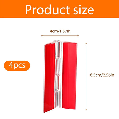 Clear Self Adhesive Plastic Hinges 65x40mm Acrylic Transparent Folding Hinges for DIY Crafts size dimensions with red highlights