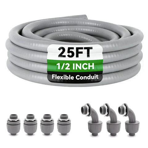 25 Ft Liquid Tight Conduit And Connector Kit With One Half Inch Flexible Non Metallic Electrical Conduit And Four Straight And Three 90 Degree Fittings Included For Easy Wire Pulling Antioxidant PVC Rust Resistant