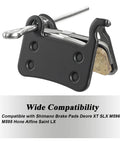 4 Pairs MTB Disc Brake Pads Kit With Installation Tools Includes Disc Alignment Tool Tire Lever And Hex Key Ready To Roll For Deore XT SLX M596 M595 Saint LX Alfine, brake pad close-up with metal hook and compatibility text.