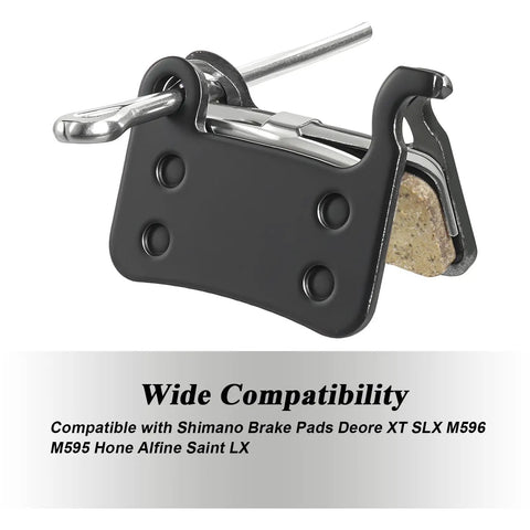 4 Pairs MTB Disc Brake Pads Kit With Installation Tools Includes Disc Alignment Tool Tire Lever And Hex Key Ready To Roll For Deore XT SLX M596 M595 Saint LX Alfine, brake pad close-up with metal hook and compatibility text.