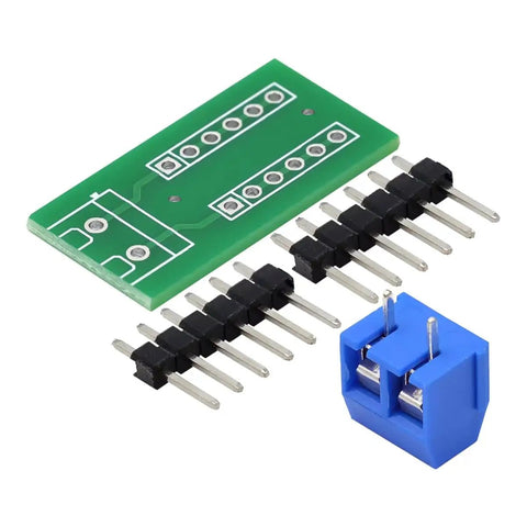 5Pcs 2x6 Terminal Block Distribution Module With 2P Screw Terminal To 2.54mm Pitch Dupont Pin Header Connector For PCB Projects FR 4 15x30mm 1.6mm Thick Durable And Breadboard Ready For Electronics Prototyping, showing green PCB with black pin headers and blue terminal block.
