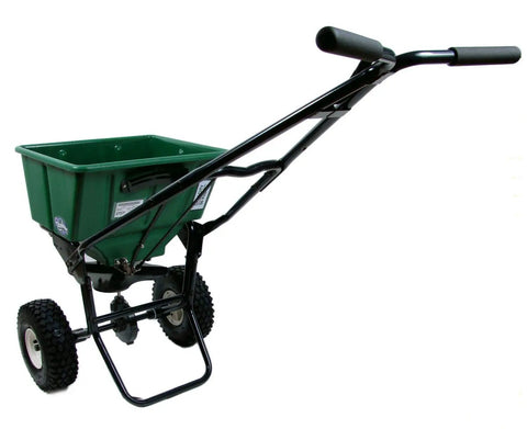 50Lb Push Spreader With Enclosed Gearbox And Powder Coated Steel Frame, walk behind, green hopper, durable tires for smooth spreading