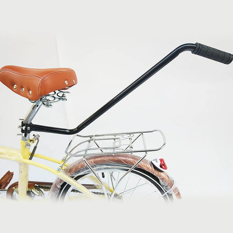 Nonslip Kiddo Friendly Bicycle Training Handle with secure mounting system on child's bike, durable metal, black.