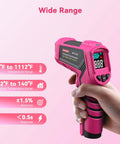 Your Go To Infrared Thermometer Gun Non Contact Digital Temperature Meter showing digital display and temperature range chart.