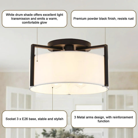 Six Light Chandelier Modern Industrial Ceiling Pendant with black metal frame and drum shade in ceiling view.
