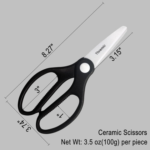 Hella Sharp 8.27 Inch Zirconia Ceramic Kitchen Scissors With Insulated Rustproof Blades And Non Magnetic Handle side view with measurements.