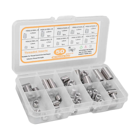 Ultimate 50-Piece Stainless Steel Threaded Inserts For M5x0.8 Repair Kit To Fix Stripped Threads And Restore Fastening Power On Metal Or Plastic Parts With Rust Proof Precision For Any Gnarly Industrial Job. 50-piece organizer case with M5x0.8 stainless threaded inserts