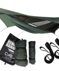 Cub Zip Kids Camping Hammock Hunter Green Side Entry With Full Length Zipper And Two Sliders, visible with components and bag.