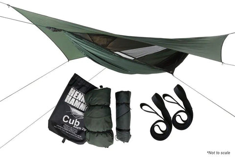 Cub Zip Kids Camping Hammock Hunter Green Side Entry With Full Length Zipper And Two Sliders, visible with components and bag.
