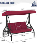 Three Seat Outdoor Porch Swing With Adjustable Canopy And Convertible Bed Stand Thick Cushions And Deep Cup Holders Weather Resistant Steel Frame For Backyard Vibes Garden Or Porch Red with dimensions and weight capacity details.