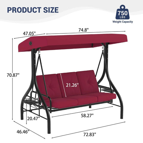 Three Seat Outdoor Porch Swing With Adjustable Canopy And Convertible Bed Stand Thick Cushions And Deep Cup Holders Weather Resistant Steel Frame For Backyard Vibes Garden Or Porch Red with dimensions and weight capacity details.